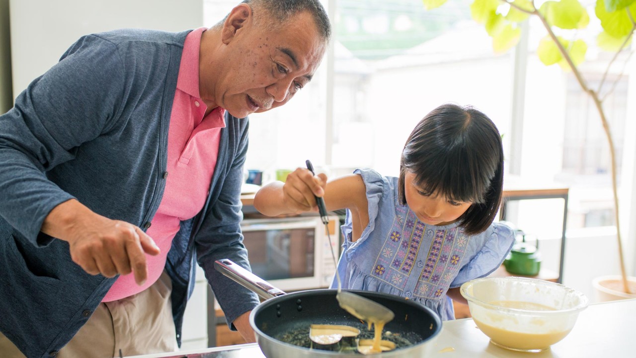 grandfather and granddaughter make omelet; the image used for how to plan for your retirement