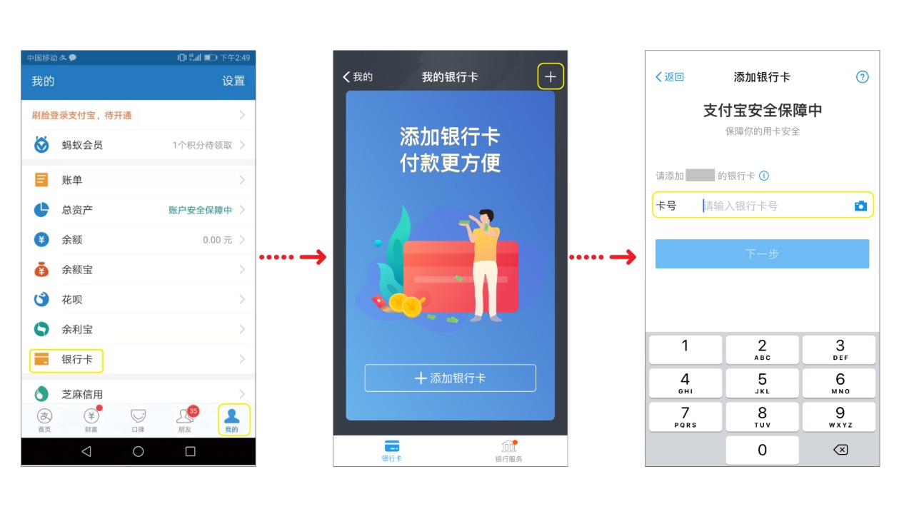 “支付宝”的“我的”页面选择“银行卡”;点击右上角“+”号添加银行卡;输入需要添加的借记卡卡号流程图