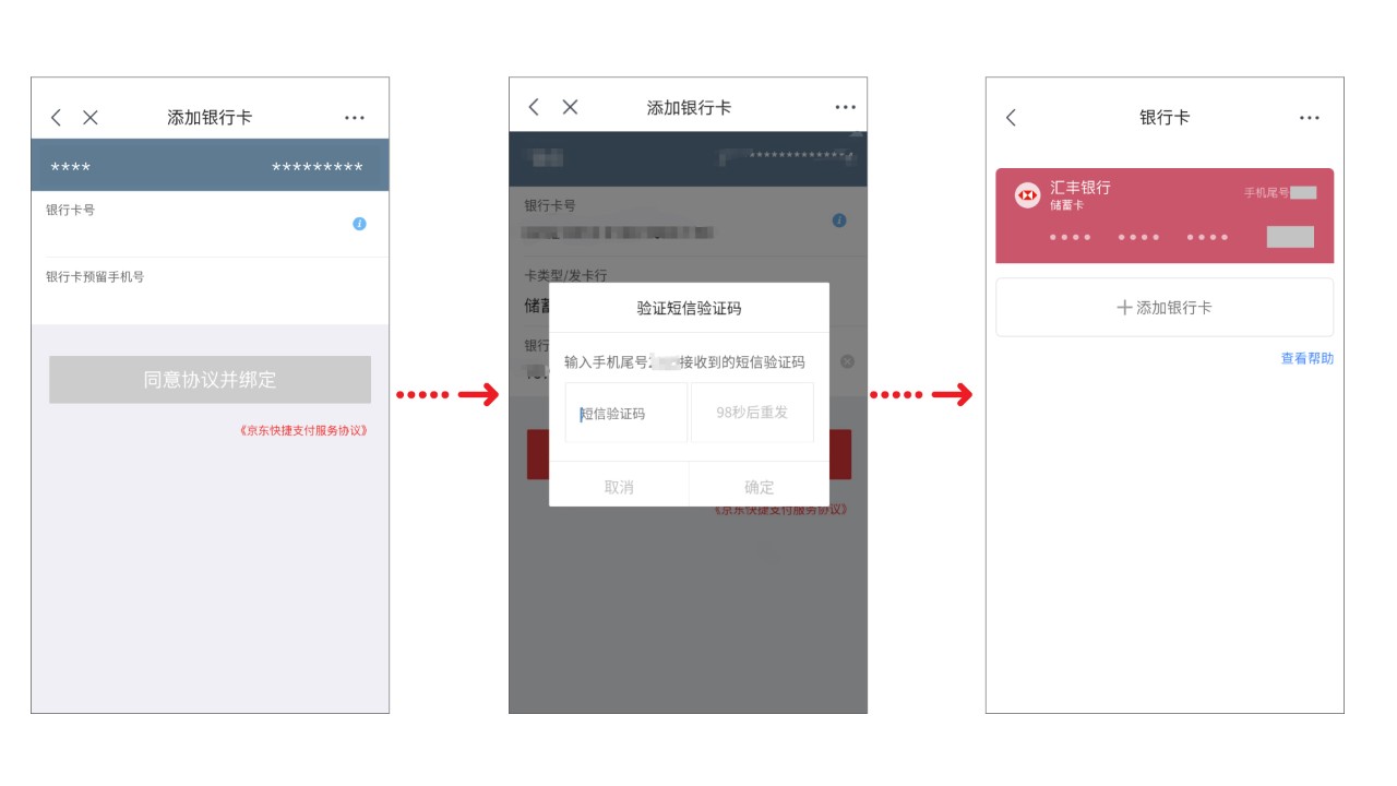 输入借记卡卡号,以及预留的手机号码->查看《京东快捷支付服务协议》,点击“同意协议并绑定”->输入短信验证码,完成绑定流程图