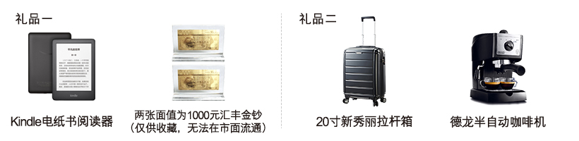 汇丰丰聚旅行信用卡开卡礼礼物:Kindle电纸书阅读器或两张面值为1000元汇丰金钞(仅供收藏,无法在市面流通)或20寸新秀丽拉杆箱或德龙半自动咖啡机。
