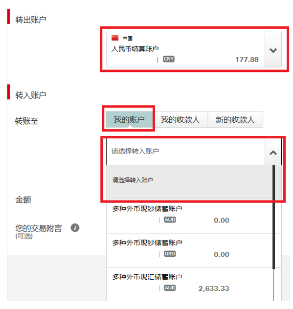 转出账户-人民币/外币为出账账户,转入账户-我的帐户
