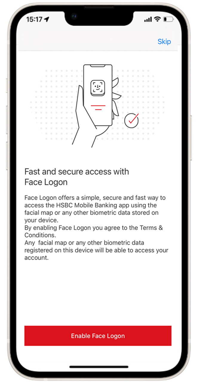 Screenshot of Enable face logon mobile banking