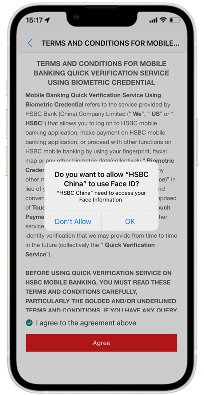 Screenshot of terms and conditions for mobile banking