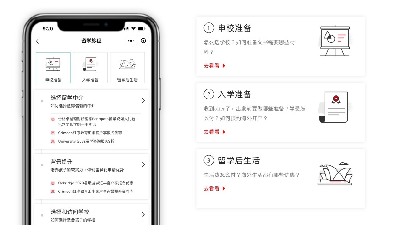 留学旅程界面和申校准备、入学准备、留学后生活三步骤的截图。
