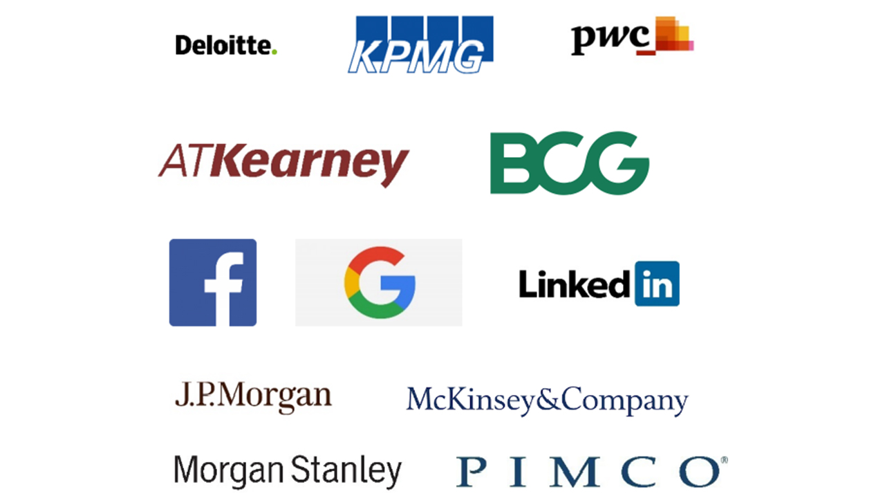 Deloitte、KPMG、pwc、ATKearney、BCG、f、G、Linkedin、J.P.Morgan、McKinsey&Company、MorganStanley and PIMCO logo