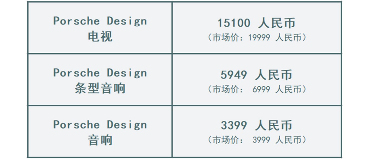 Porsche Design 电视:15100 人民币(市场价:19999人民币);Porsche Design 条型音响:5949人民币(市场价:6999人民币);Porsche Design音响:3399人民币(市场价:3999人民币)