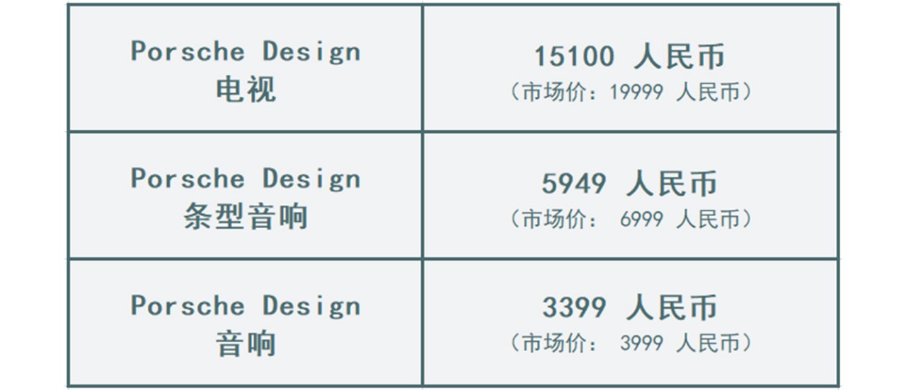 Porsche Design 电视：15100 人民币（市场价：19999人民币）；Porsche Design 条型音响：5949人民币（市场价：6999人民币）；Porsche Design音响：3399人民币（市场价：3999人民币）