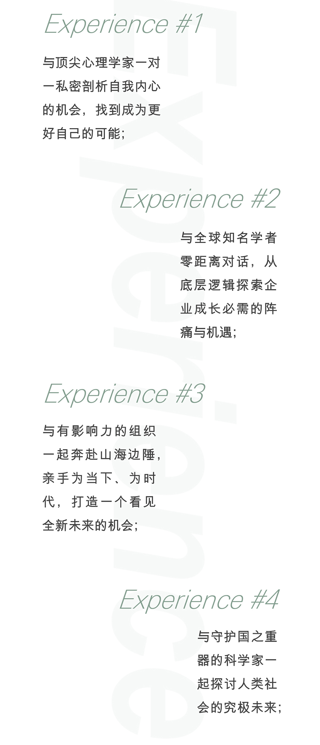 experience#1:与顶尖心理学家一对一私密剖析自我内心的机会,找到成为更好自己的可能; experience#2:与全球知名学者零距离对话,从底层逻辑探索企业成长必需的阵痛与机遇; experience#3:与有影响力的组织一起奔赴山海边陲,亲手为当下、为时代,打造一个看见全新未来的机会; experience#4:与守护国之重器的科学家一起探讨人类社会的究极未来;