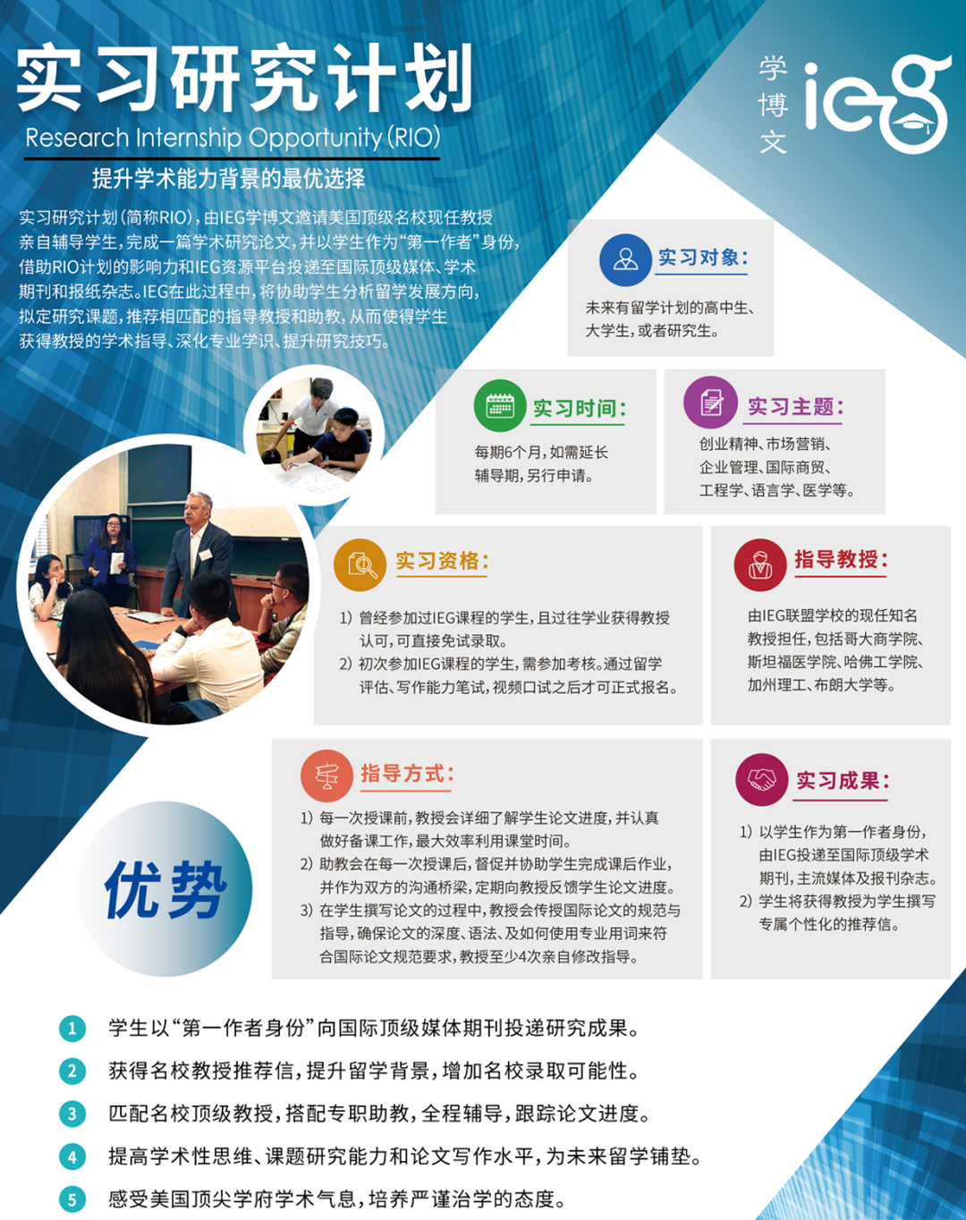 学博文:实习研究计划-提升学术能力背景的最优选择,实习研究计划(简称RIO),由IEG学博文邀请美国顶级名校现任教授亲自辅导学生,完成一篇学术研究论文,并以学生作为“第一作者”身份,借助RIO计划的影响力和IEG资源平台投递至国际顶级媒体、学术期刊和报纸杂志。IEG在此过程中,将协助学生分析留学发展方向,拟定研究课题,推荐相匹配的指导教授和助教,从而使得学生获得教授得学术指导、深化专业知识、提升研究技巧。实习对象:未来有留学计划的高中生、大学生,或者研究生。实习时间:每期6个月,如需延长辅导期,另行申请。实习主题:创业精神、市场营销、企业管理、国际商贸、工程学、语言学、医学等。实习资格:1)曾经参加IEG课程的学生,且过往学业获得教授认可,可直接免试录取。2)初次参加IEG课程的学生,需参加考核。通过留学评估、写作能力笔试,视频口试之后才可正式报名。指导教授:由IEG联盟学校的现任知名教授担任,包括哥大商学院、斯坦福医学院、哈佛工学院、加州理工、布朗大学等。指导方式:1)每一次授课前,教授会详细了解学生论文进度,并认真做好备课工作,最大效率利用课堂时间。2)助教会在每一次授课后,督促并协助学生完成课后作业,并作为双方的沟通桥梁,定期向教授反馈学生论文进度。3)在学生撰写论文的过程中,教授会传授国际论文的规范与指导,确保论文的深度、语法、及如何使用专业用词来符合国际论文规范要求,教授至少4次亲自修改指导。实习成果:1)以学生作为第一作者身份,由IEG投递至国际顶级学术期刊,主流媒体及报刊杂志。2)学生将获得教授为学生撰写专属个性化的推荐信。优势: 1.学生以“第一作者身份”向国际顶级媒体期刊投递研究成果。2.获得名校教授推荐信,提升留学背景,增加名校录取可能性。3.匹配名校顶级教授,搭配专职助教,全程辅导,跟踪论文进度。4.提高学术性思维、课题研究能力和论文写作水平,为未来留学铺垫。5.感受美国顶尖学府学术气息,培养严谨治学的态度。
