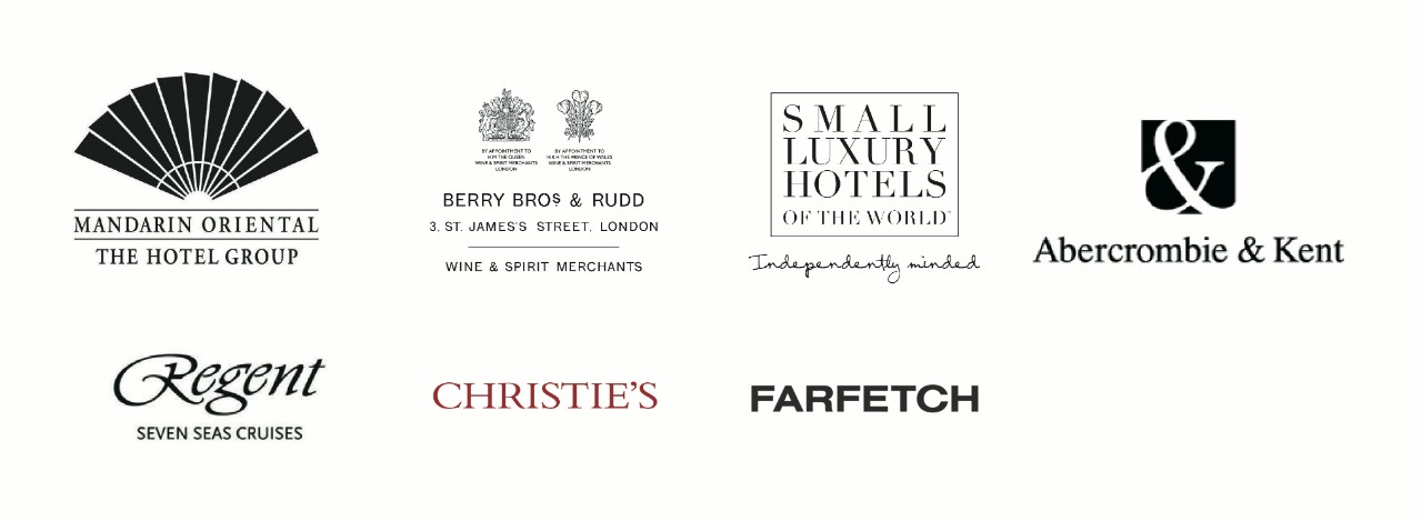 Mandarin Oriental, Berry Bros and Rudd, Small Luxury Hotels, Abercrombie & Kent, Regent Seven Seas Cruises, Christie's, Farfetch logos