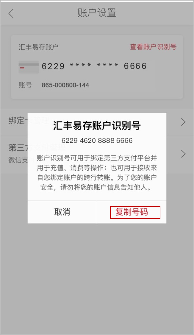 汇丰中国手机银行APP‘复制您的账户识别号 ’页面