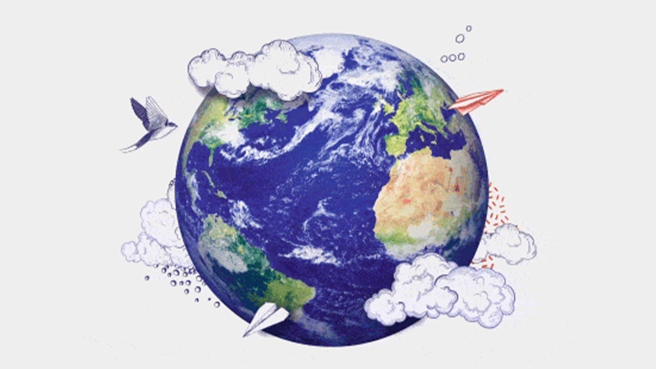 小鸟、纸飞机围绕着地球；图片用于环球银行支持