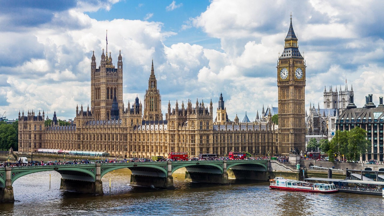 the Big Ben, the Houses of Parliament and Westminster Bridge in London