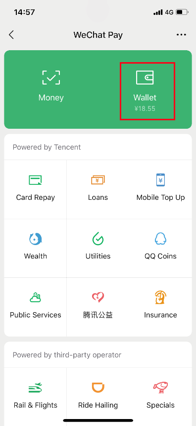 Select "Wallet" interface 