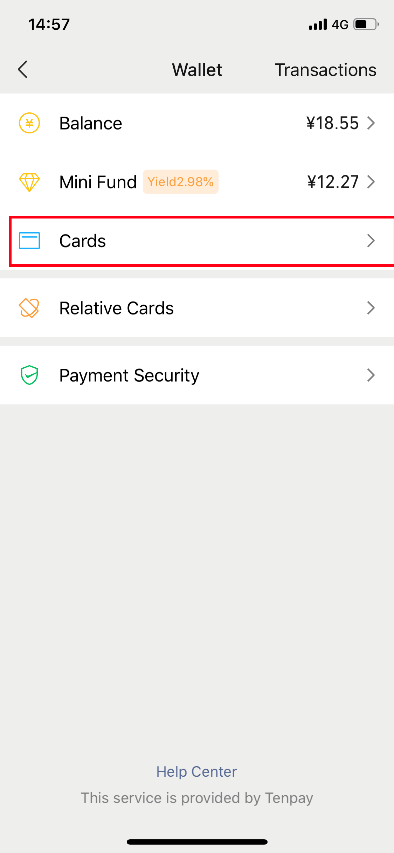 Select "Cards" in "Wallet" interface