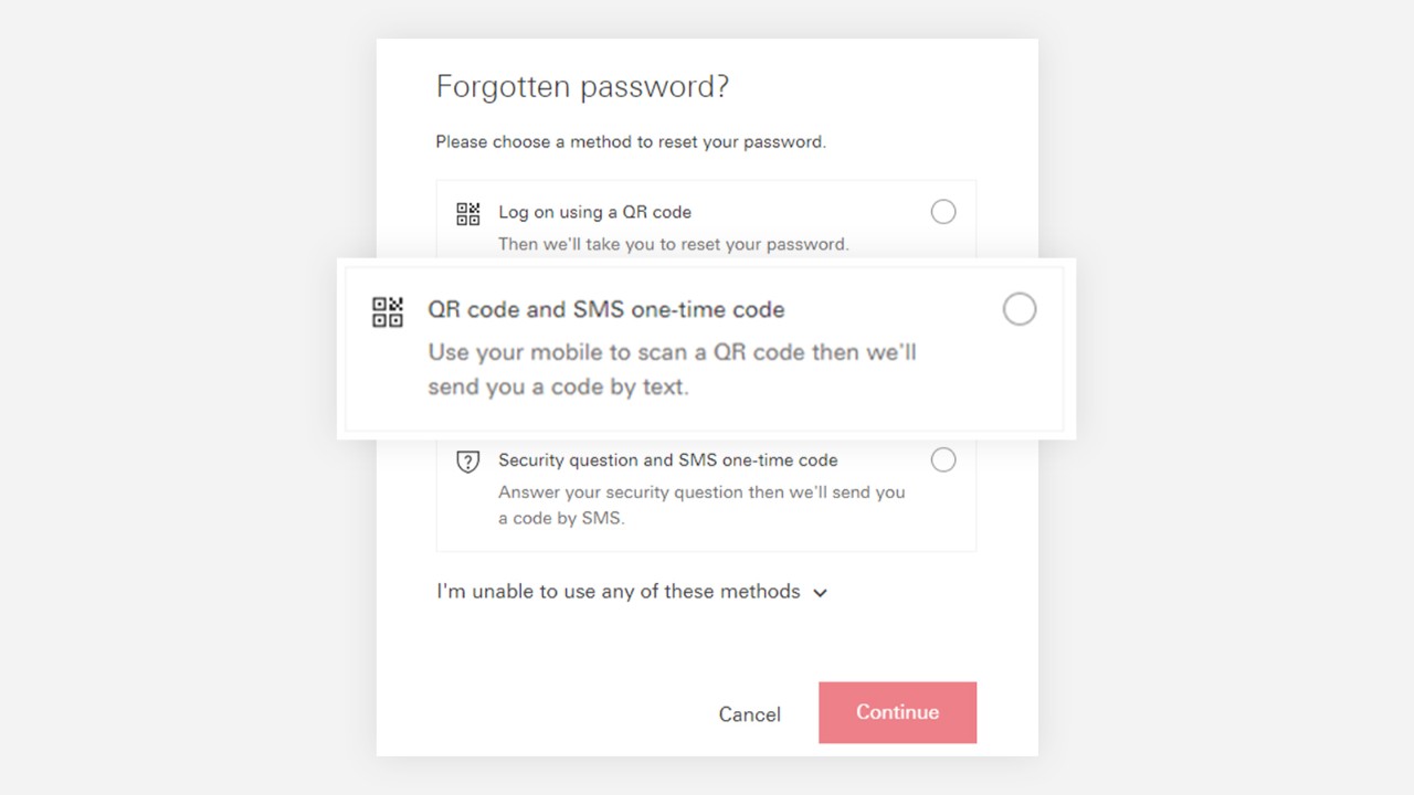 Choose QR code and SMS one-time code