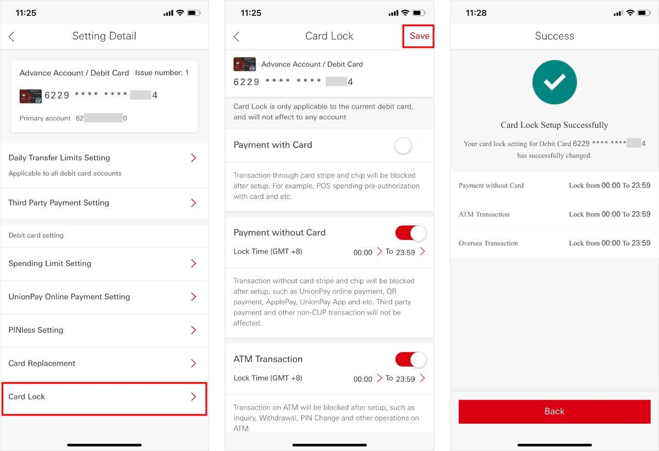 Debit card lock steps
